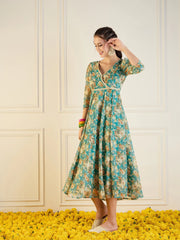 Women Turquoise Blue Floral Anarkali Maxi Dress-SHDRS12275