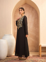 Women Black Embroidered Round Neck Abaya Dress-SHDRS12813