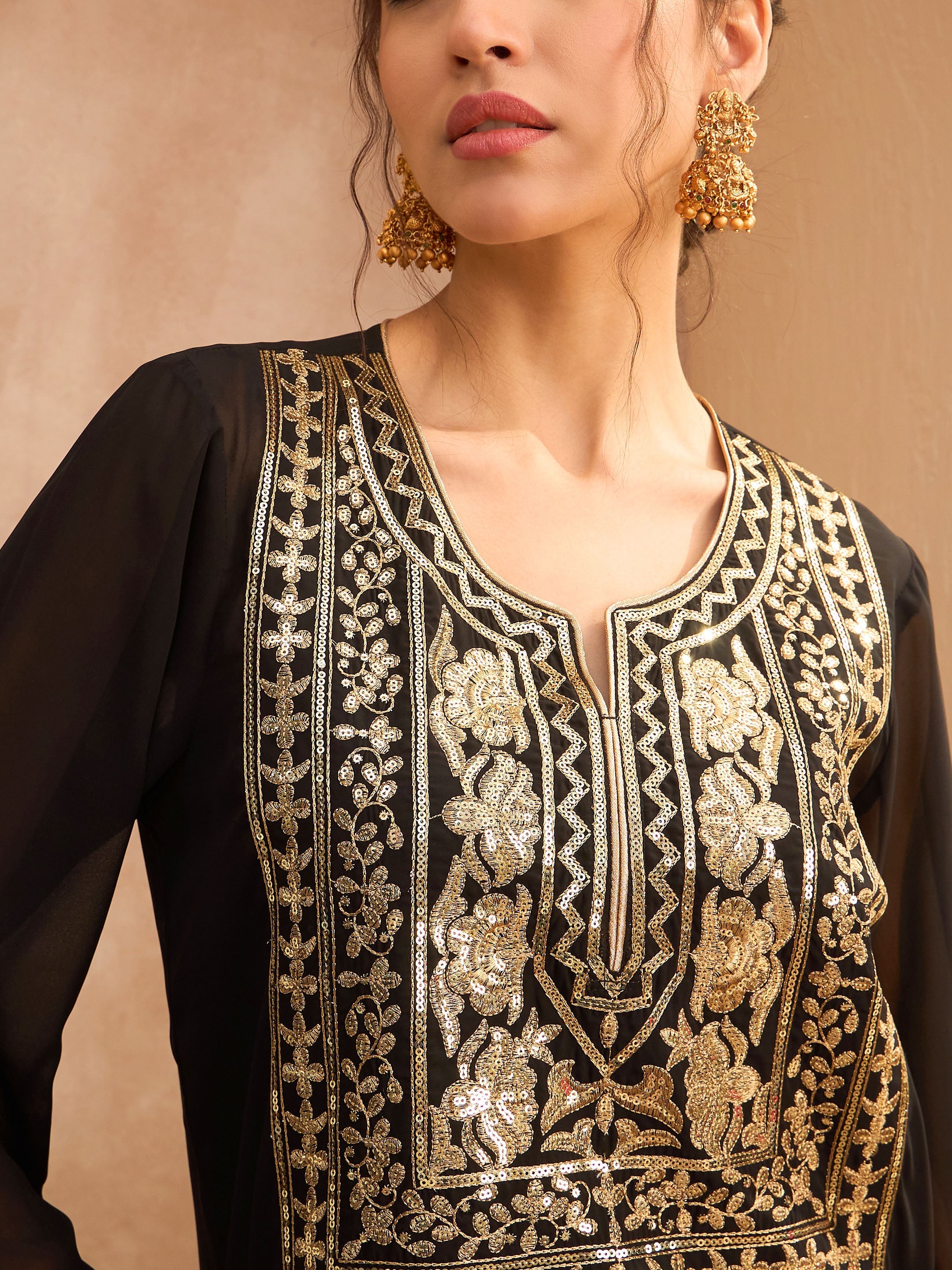 Women Black Embroidered Round Neck Abaya Dress-SHDRS12813