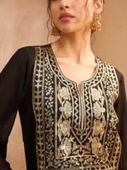 Women Black Embroidered Round Neck Abaya Dress-SHDRS12813
