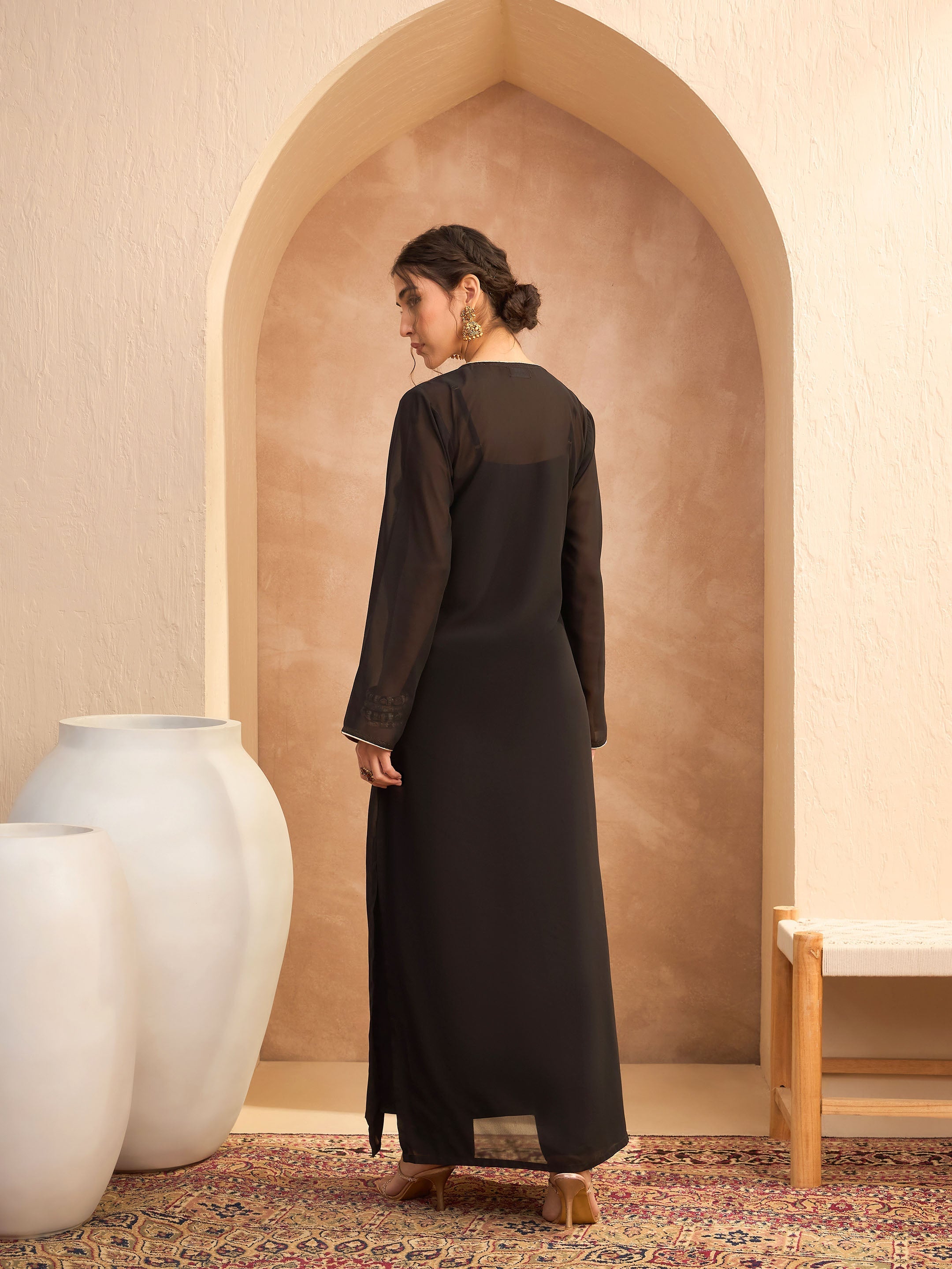 Women Black Embroidered Round Neck Abaya Dress-SHDRS12813