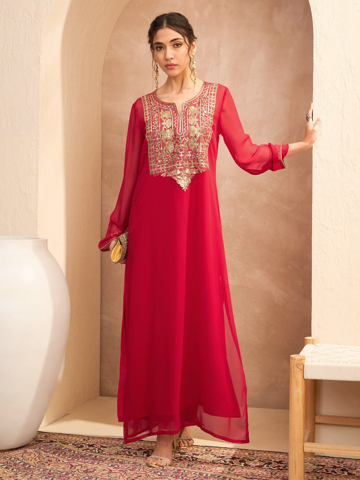 Women Red Embroidered Round Neck Abaya Dress-SHDRS12814