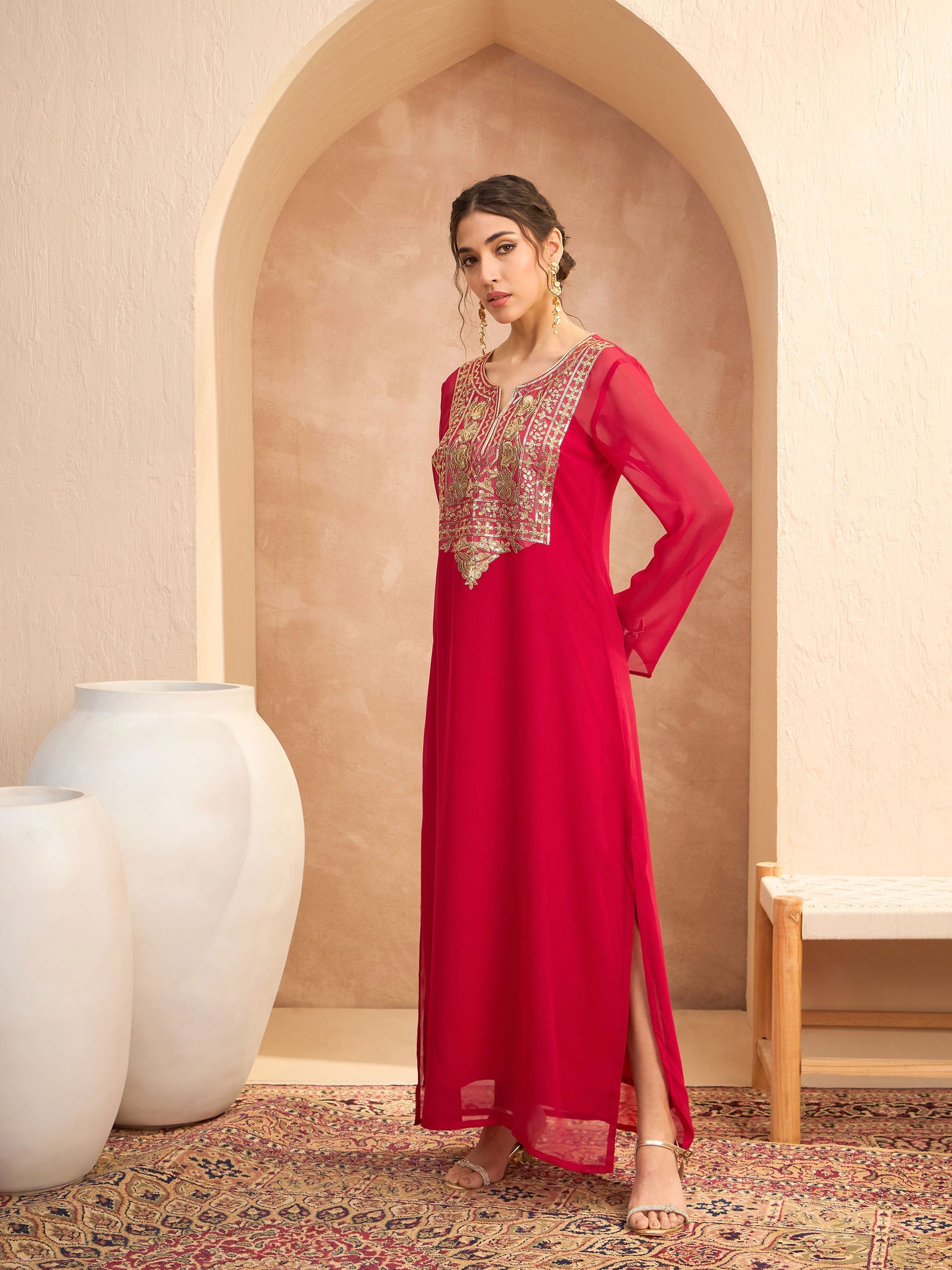 Women Red Embroidered Round Neck Abaya Dress-SHDRS12814
