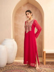 Women Red Embroidered Round Neck Abaya Dress-SHDRS12814