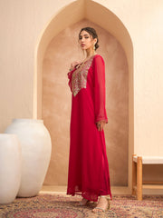 Women Red Embroidered Round Neck Abaya Dress-SHDRS12814