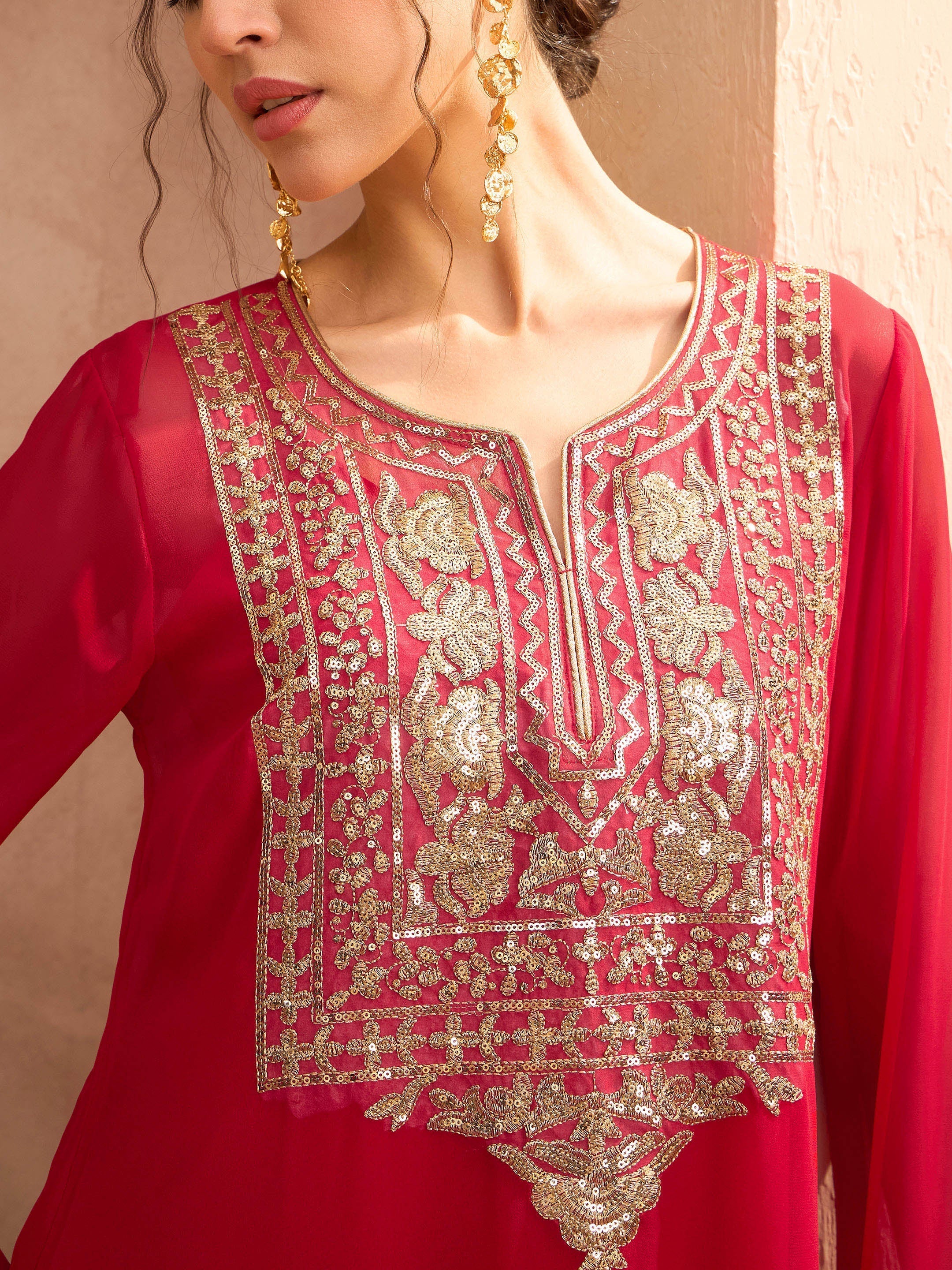 Women Red Embroidered Round Neck Abaya Dress-SHDRS12814