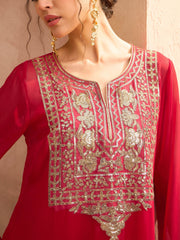 Women Red Embroidered Round Neck Abaya Dress-SHDRS12814