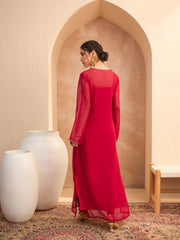 Women Red Embroidered Round Neck Abaya Dress-SHDRS12814