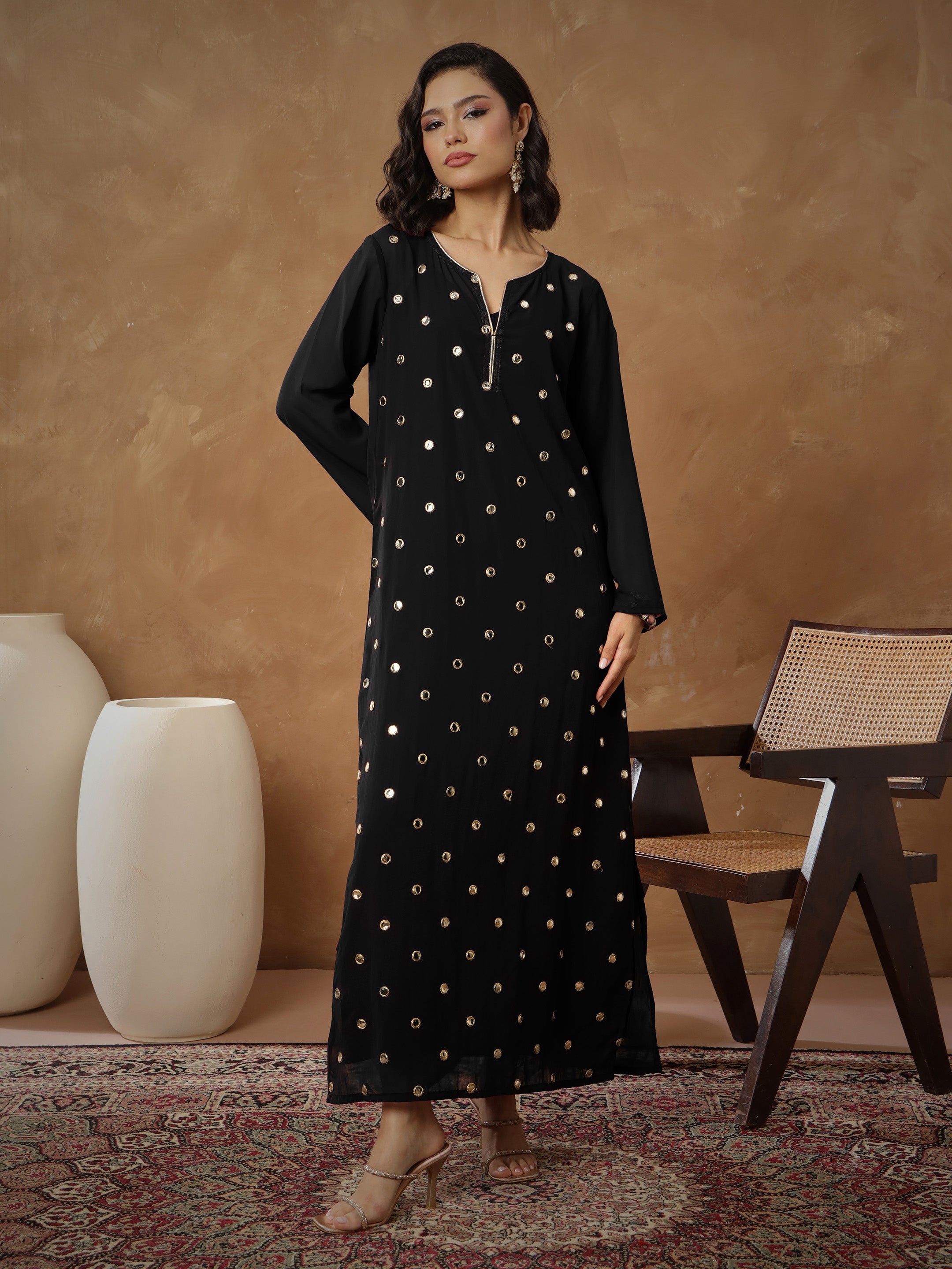 Women Black Embroidered Abaya Dress-SHDRS13274