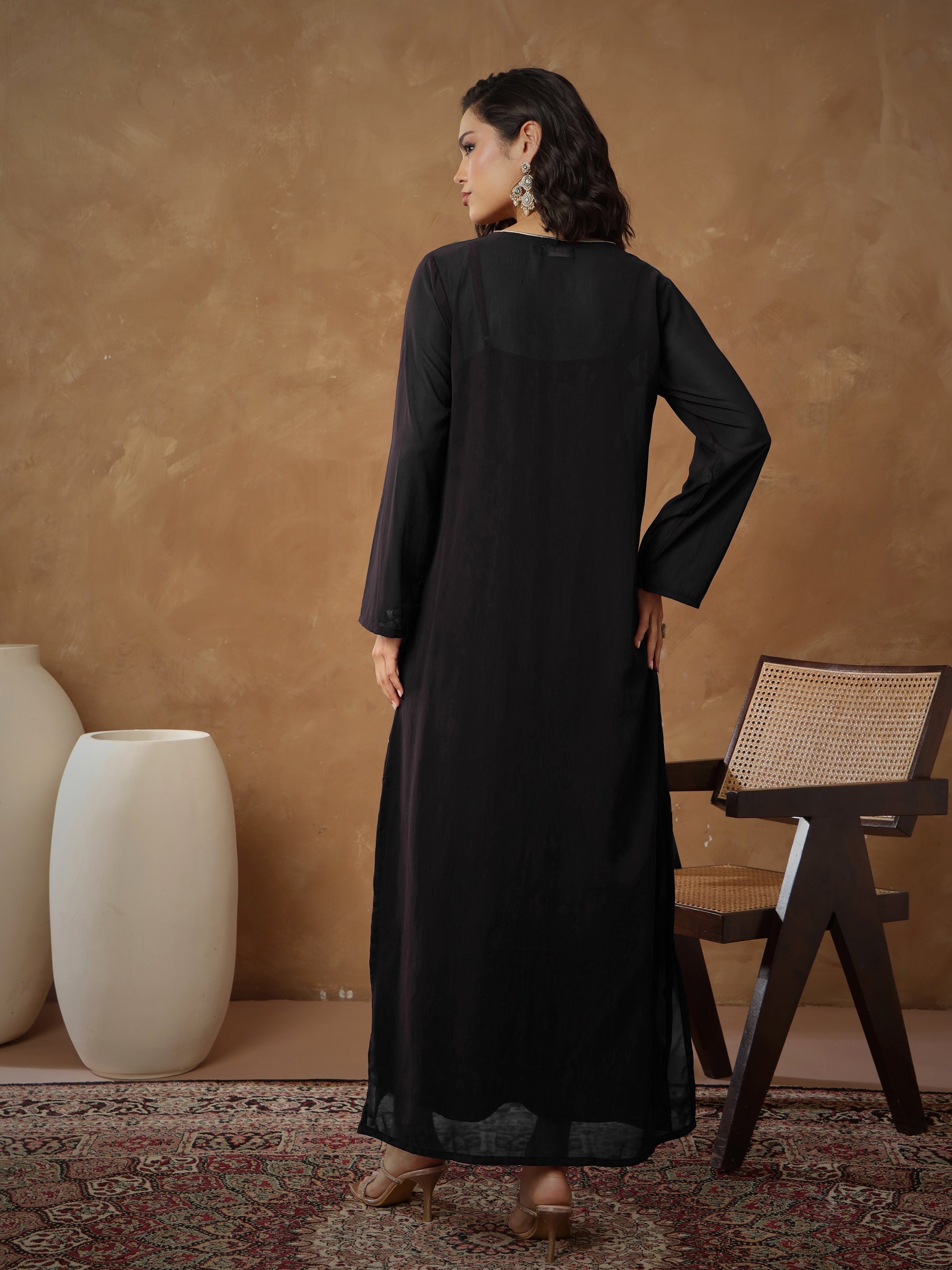 Women Black Embroidered Abaya Dress-SHDRS13274