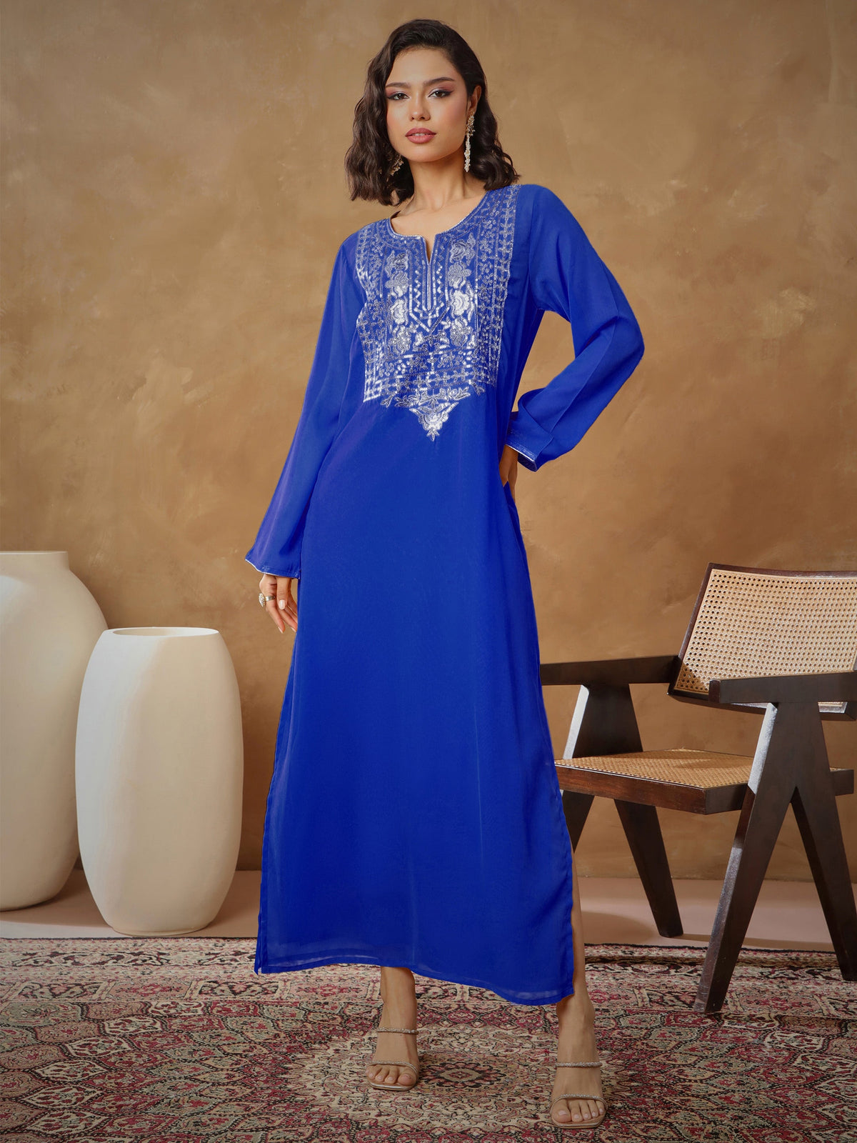 Women Navy Embroidered Round Neck Abaya Dress-SHDRS13276
