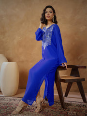 Women Navy Embroidered Round Neck Abaya Dress-SHDRS13276