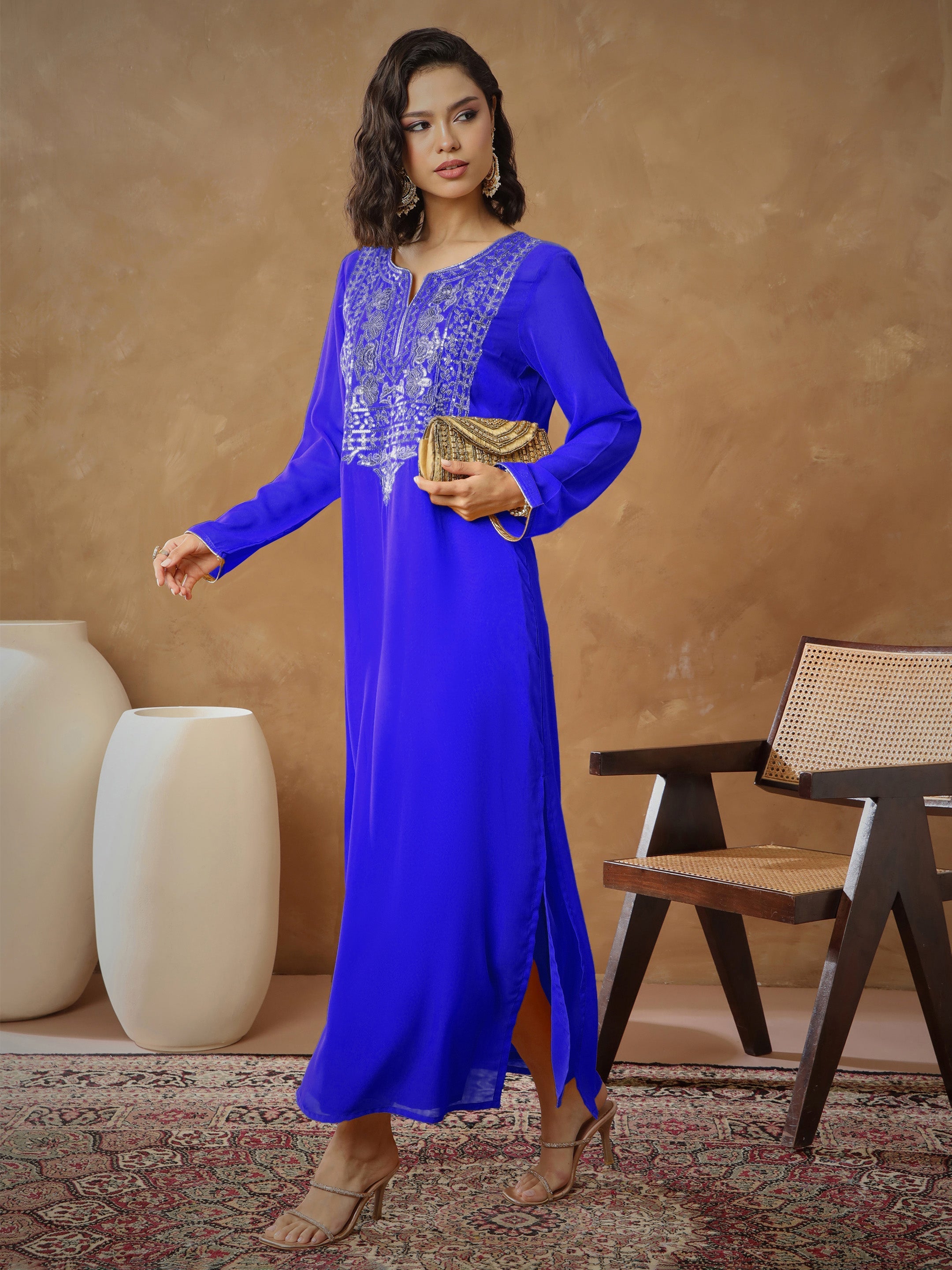 Women Navy Embroidered Round Neck Abaya Dress-SHDRS13276