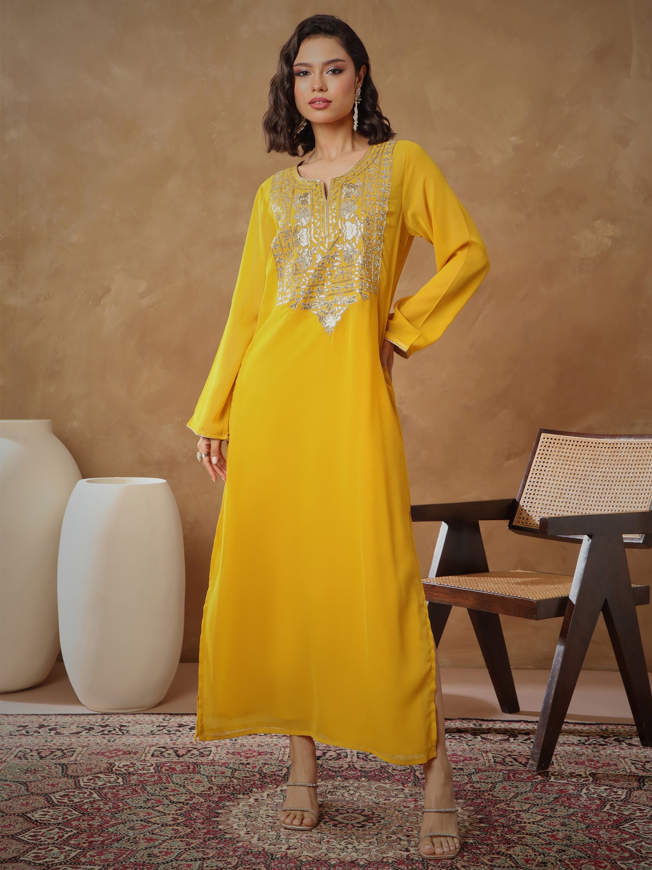Women Yellow Embroidered Round Neck Abaya Dress-SHDRS13277