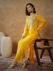 Women Yellow Embroidered Round Neck Abaya Dress-SHDRS13277