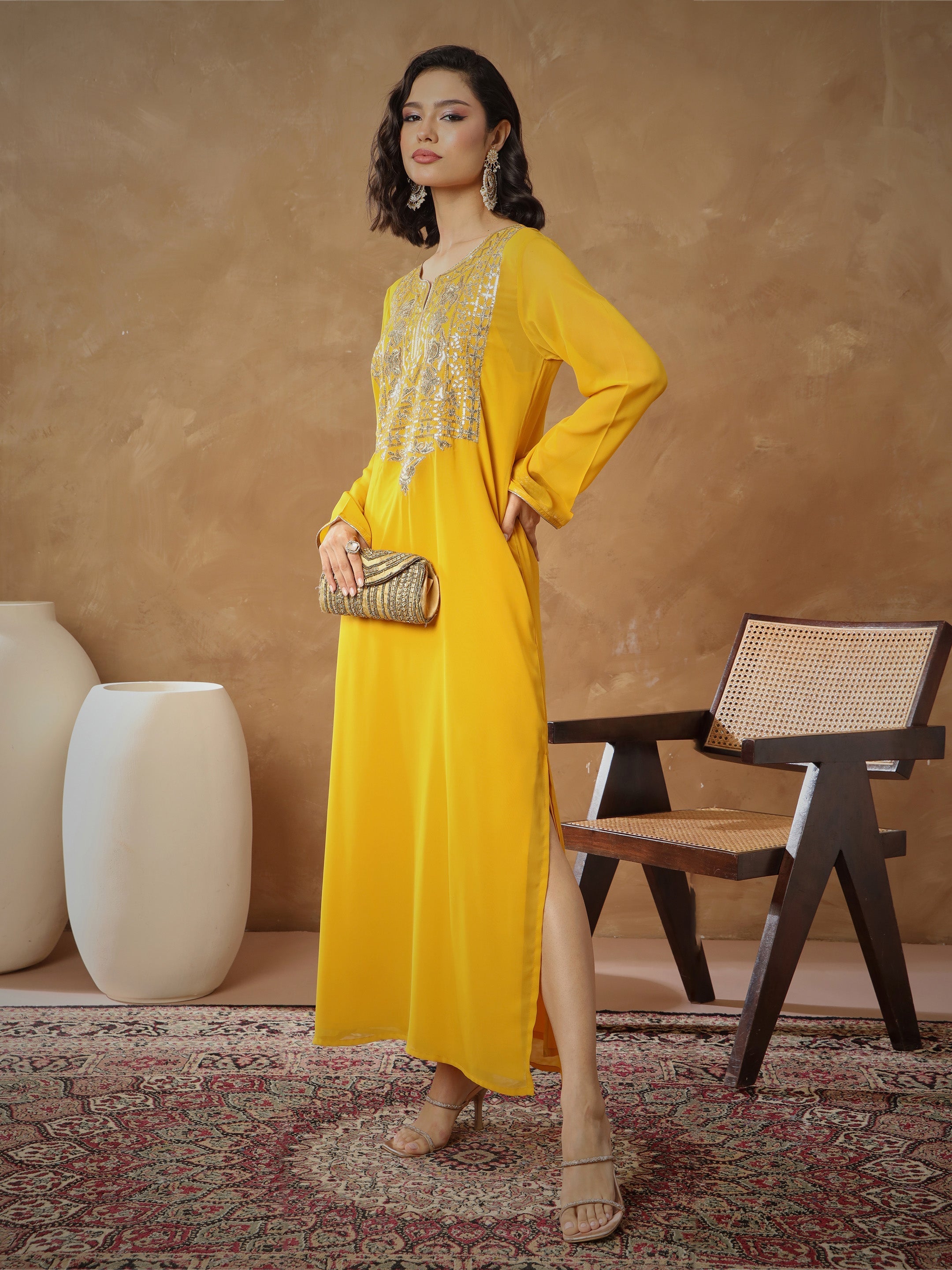 Women Yellow Embroidered Round Neck Abaya Dress-SHDRS13277