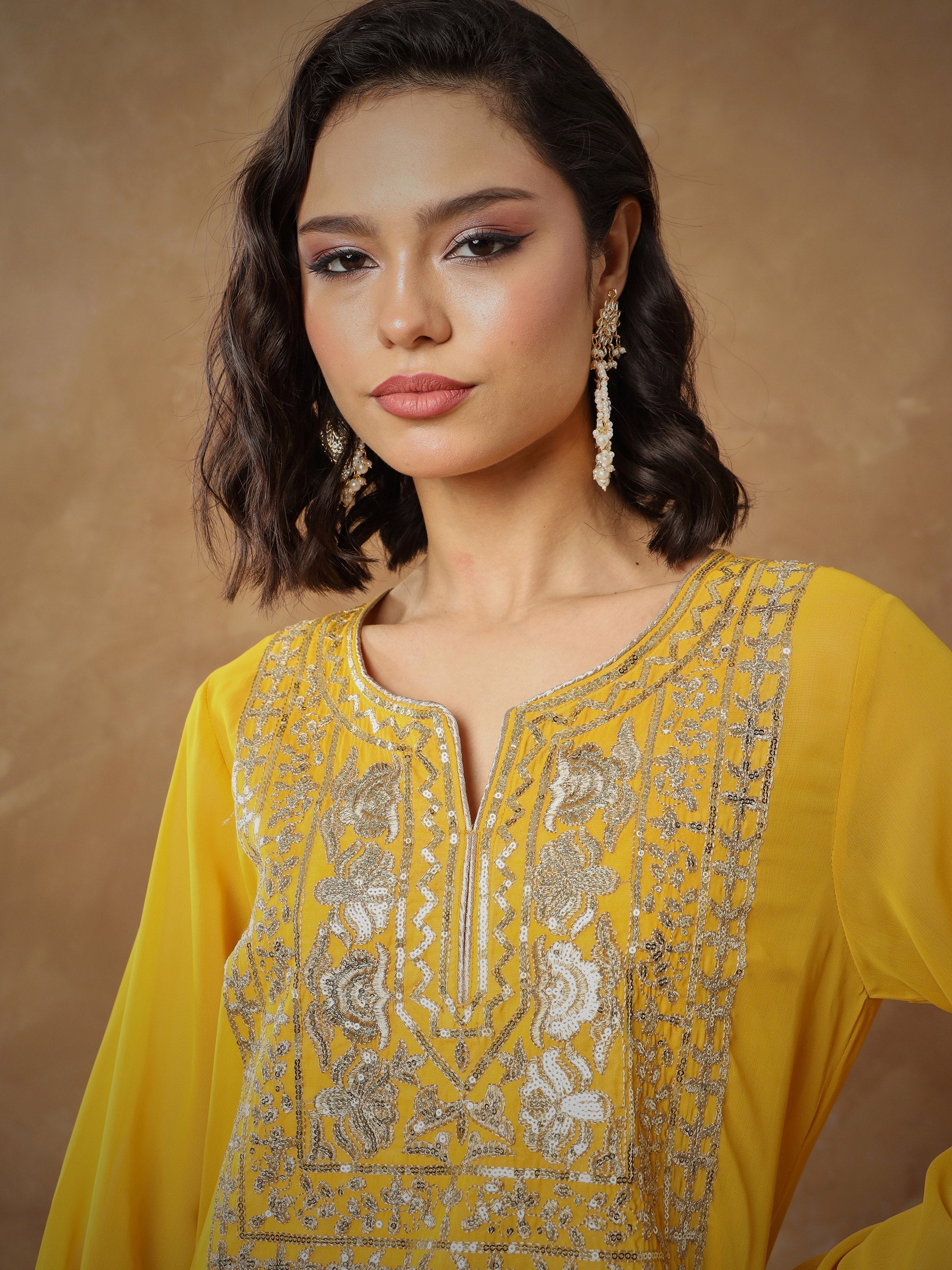 Women Yellow Embroidered Round Neck Abaya Dress-SHDRS13277