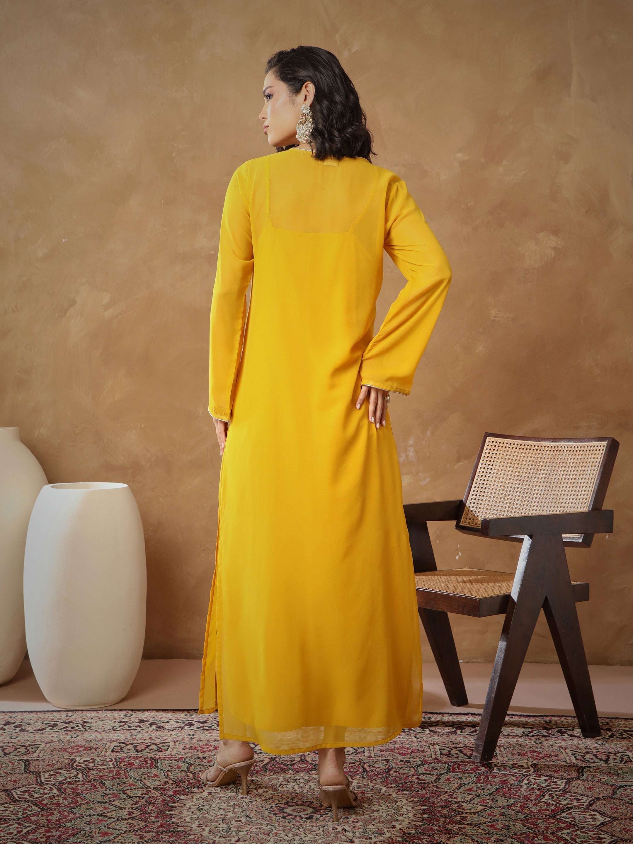 Women Yellow Embroidered Round Neck Abaya Dress-SHDRS13277