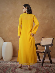 Women Yellow Embroidered Round Neck Abaya Dress-SHDRS13277