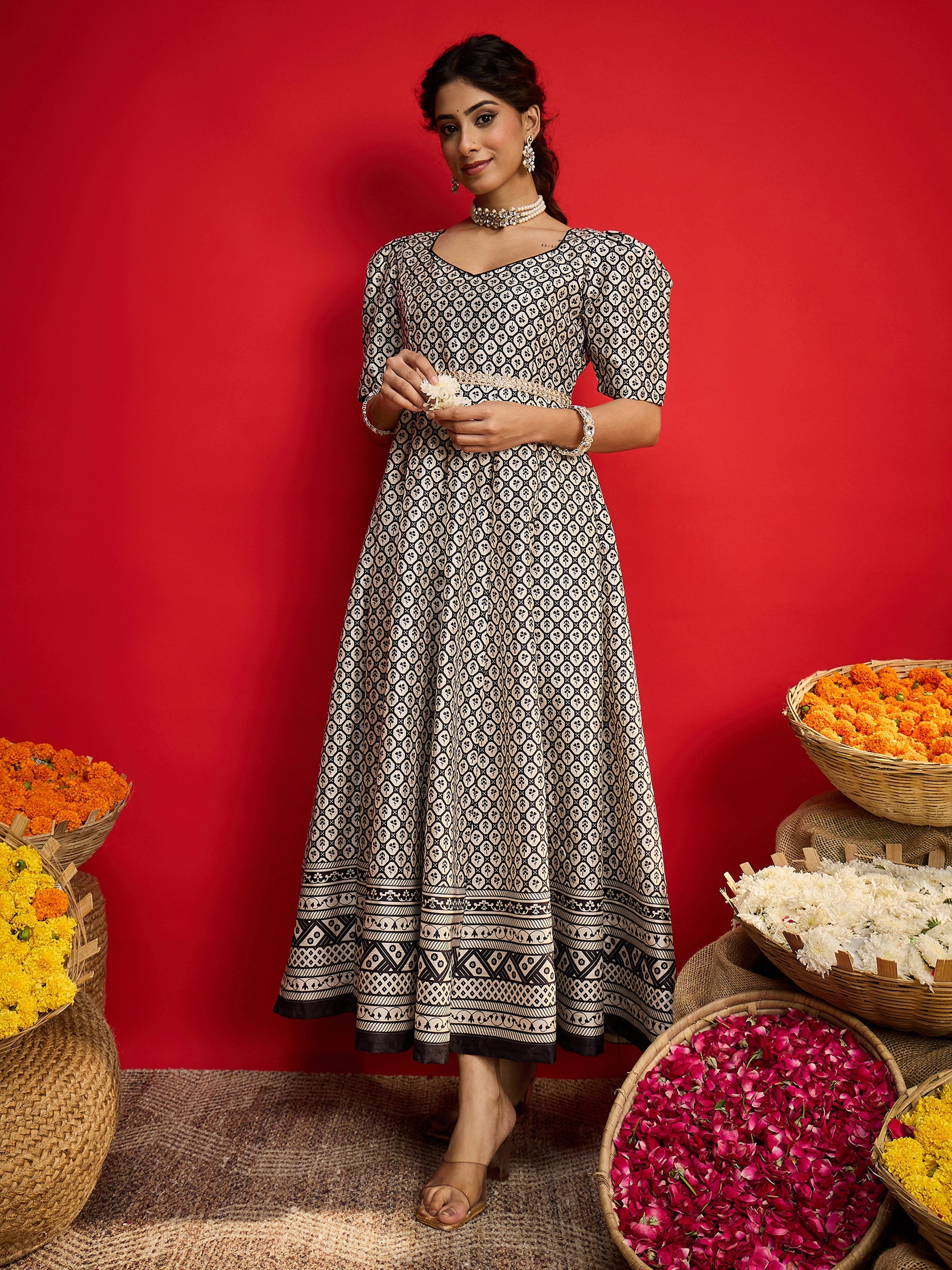 Women Black & White Geometric Anarkali Maxi Dress-SHDRS13321