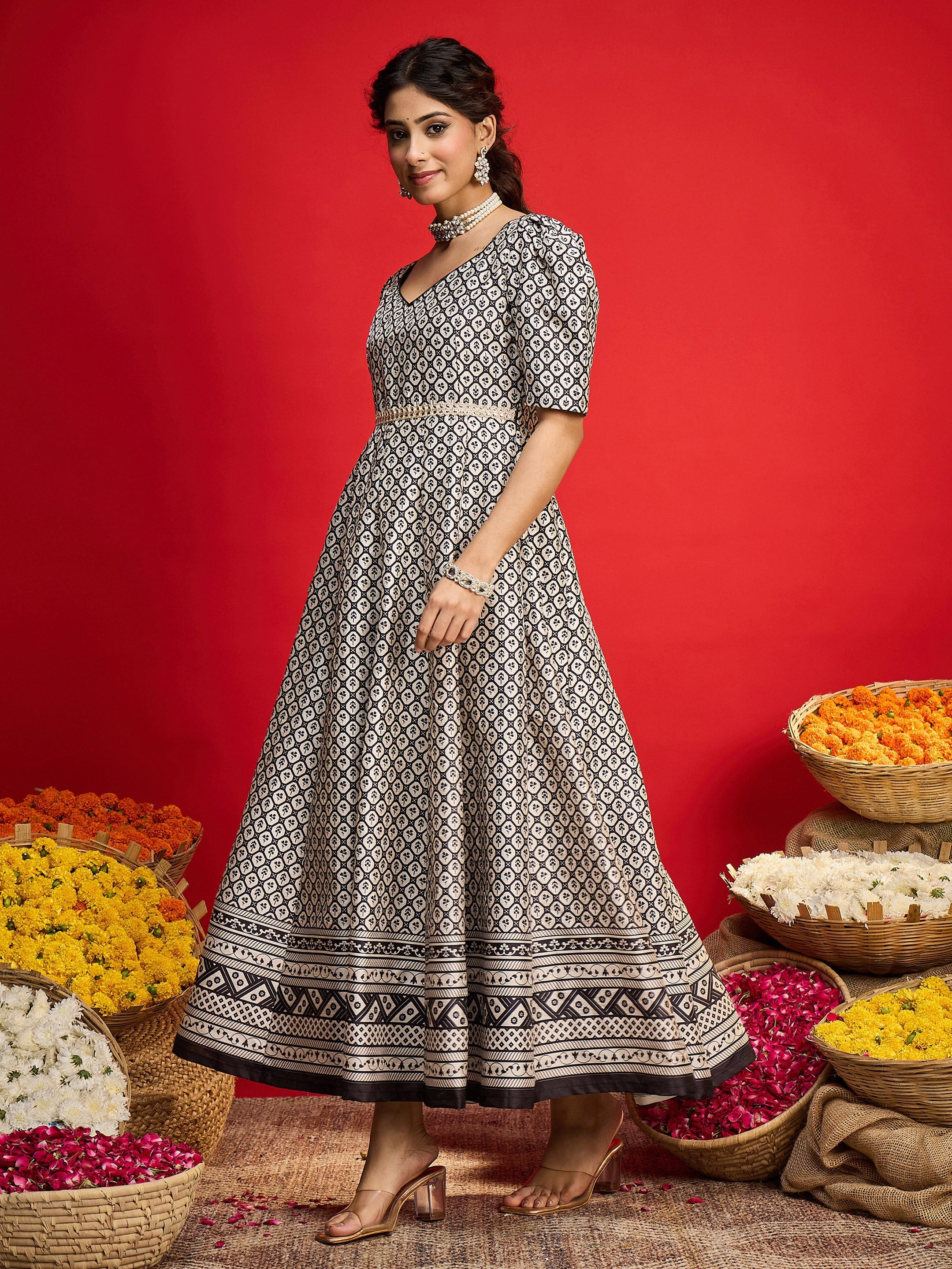 Women Black & White Geometric Anarkali Maxi Dress-SHDRS13321