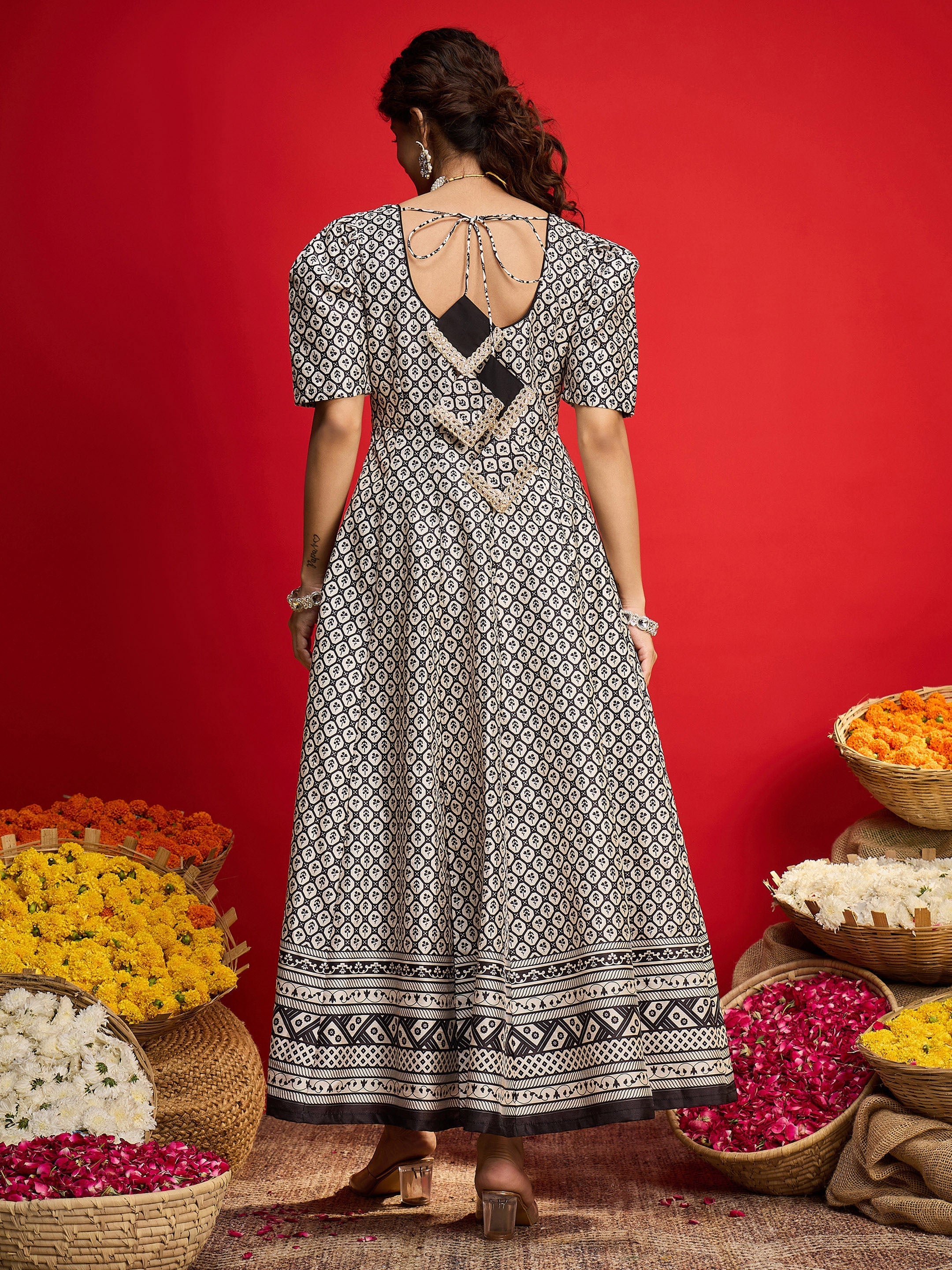 Women Black & White Geometric Anarkali Maxi Dress-SHDRS13321