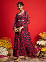 Women Navy & Red Round Neck Anarkali Dress-SHDRS13322