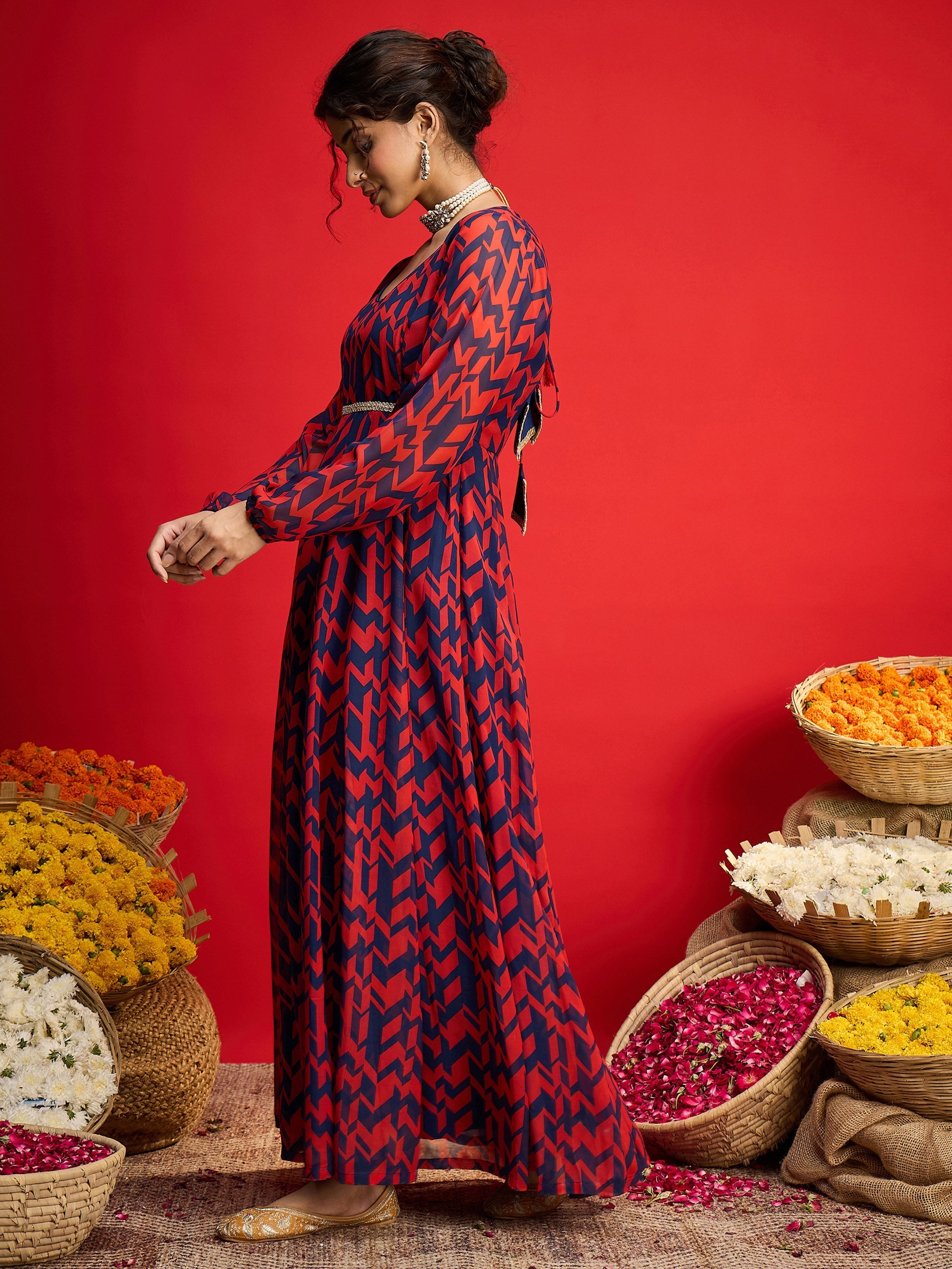 Women Navy & Red Round Neck Anarkali Dress-SHDRS13322