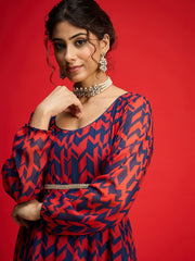 Women Navy & Red Round Neck Anarkali Dress-SHDRS13322