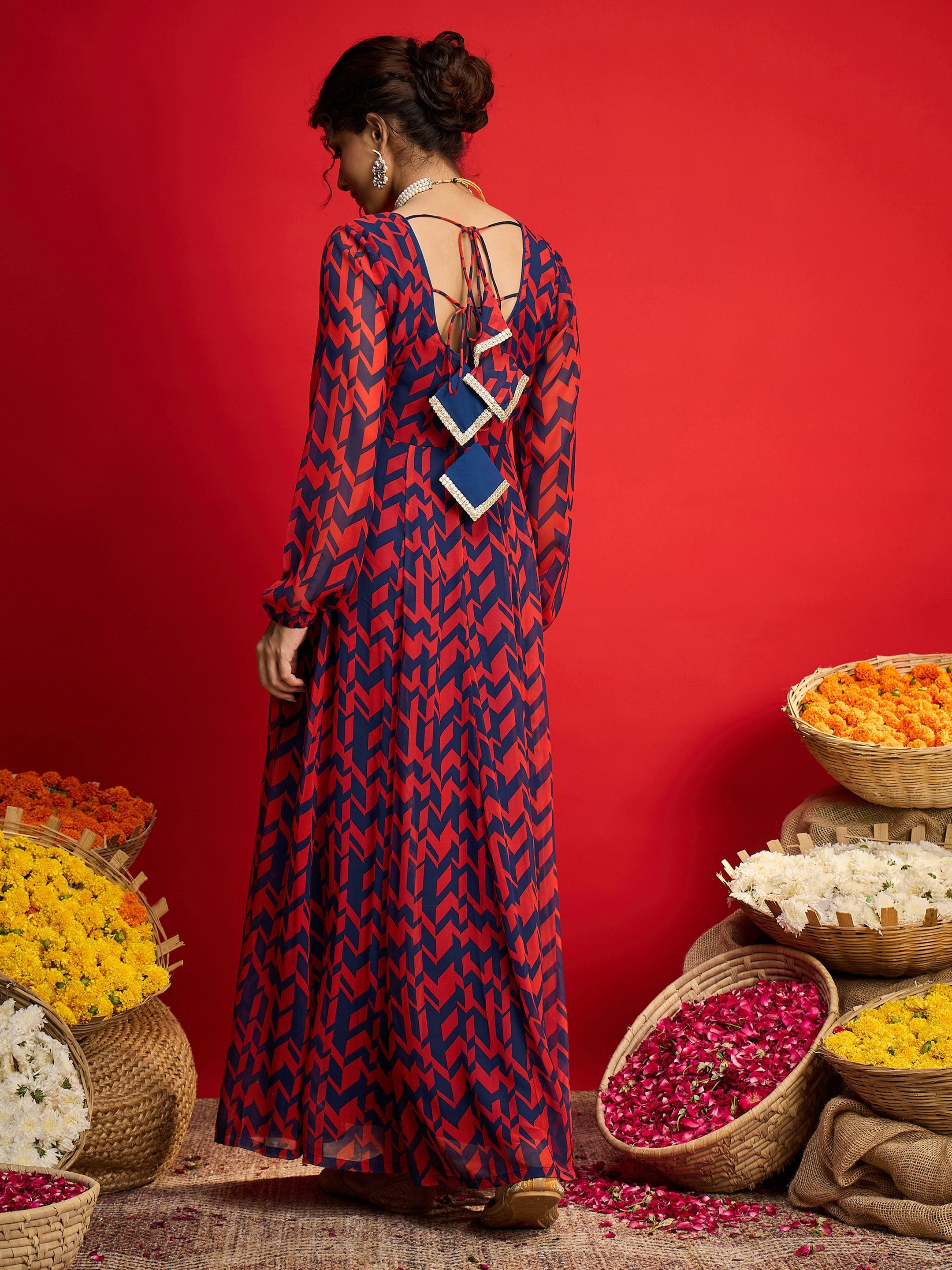 Women Navy & Red Round Neck Anarkali Dress-SHDRS13322