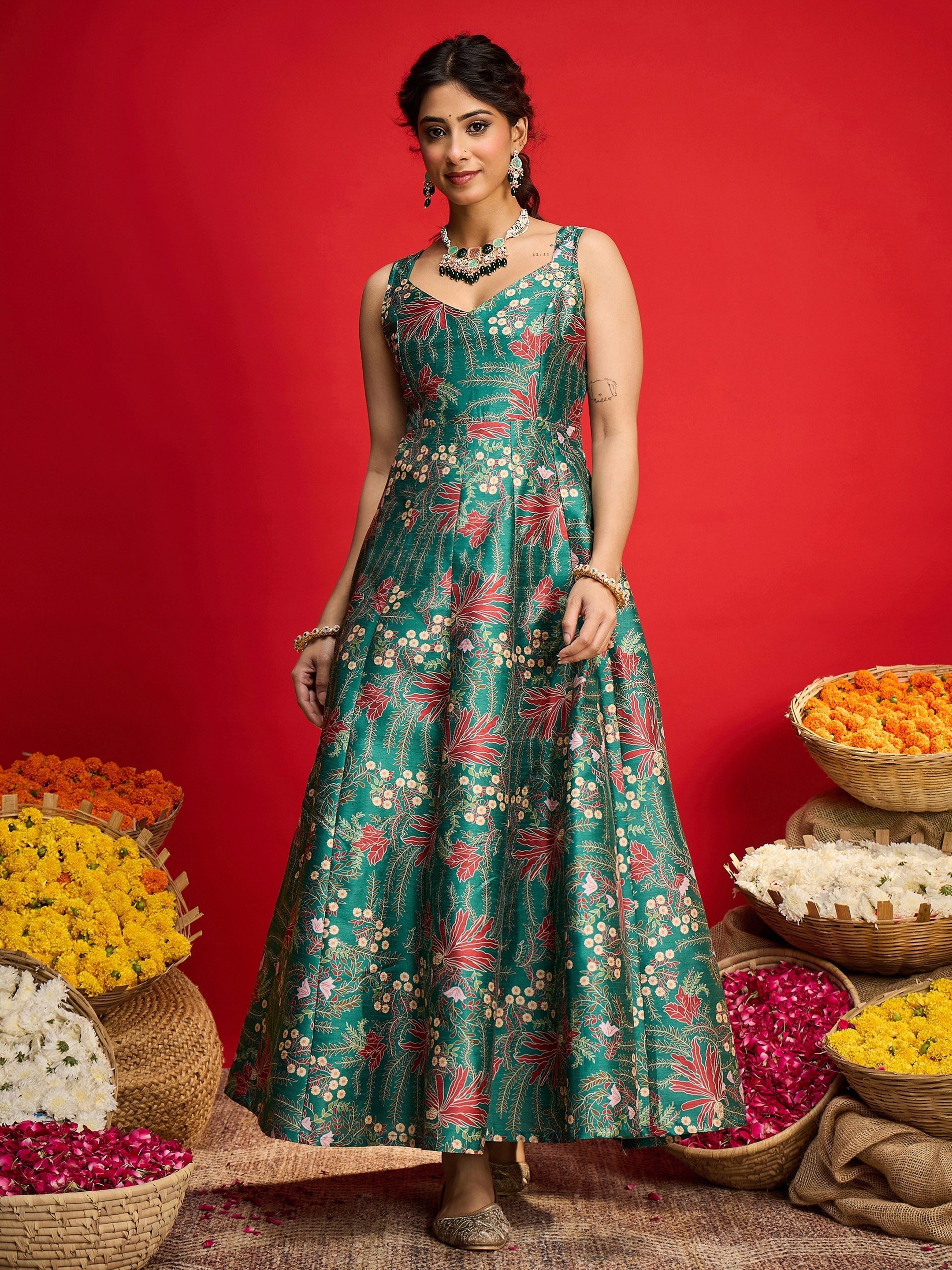 Women Green Floral Sleeveless Anarkali Maxi Dress-SHDRS13323