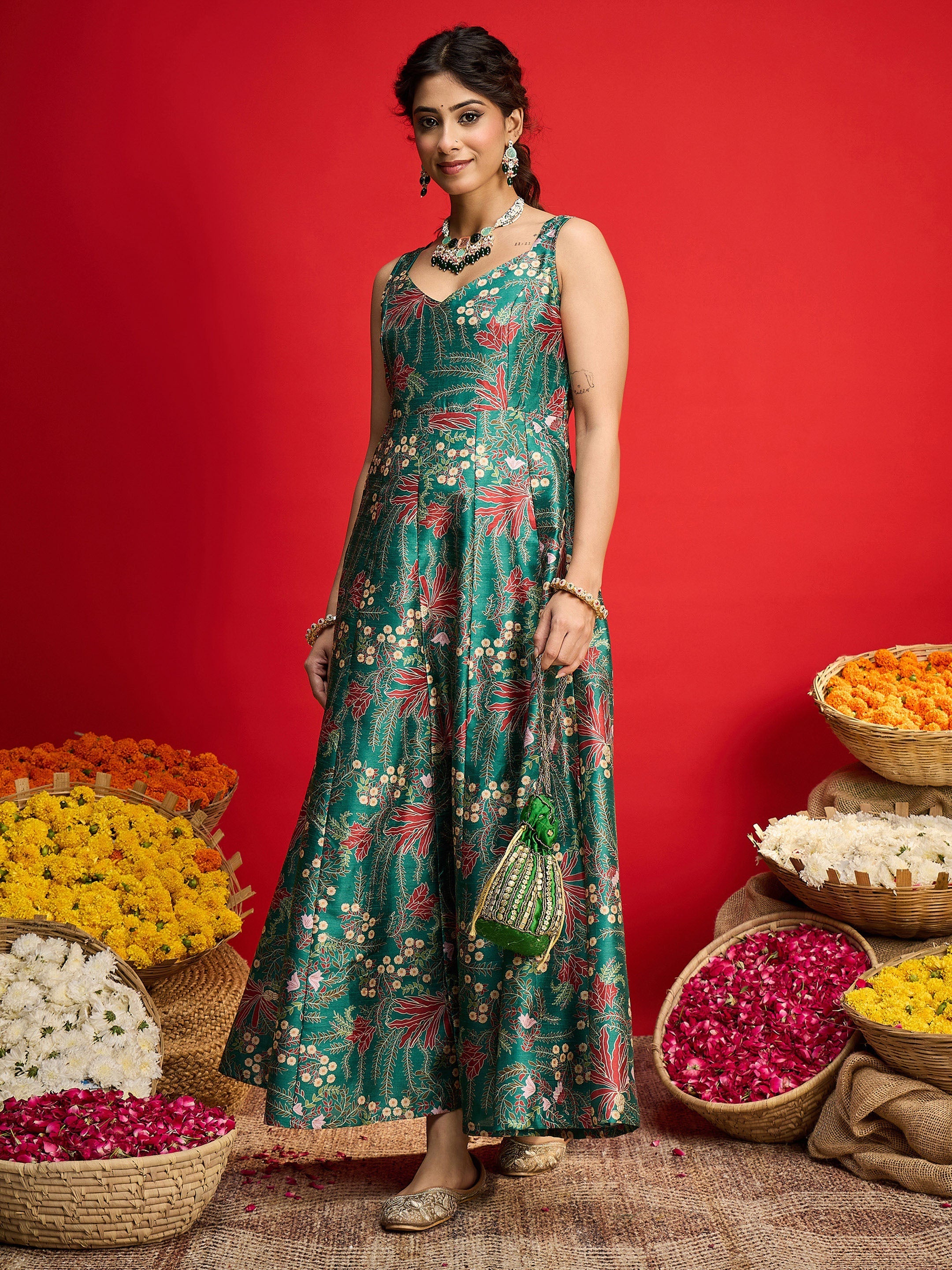 Women Green Floral Sleeveless Anarkali Maxi Dress-SHDRS13323