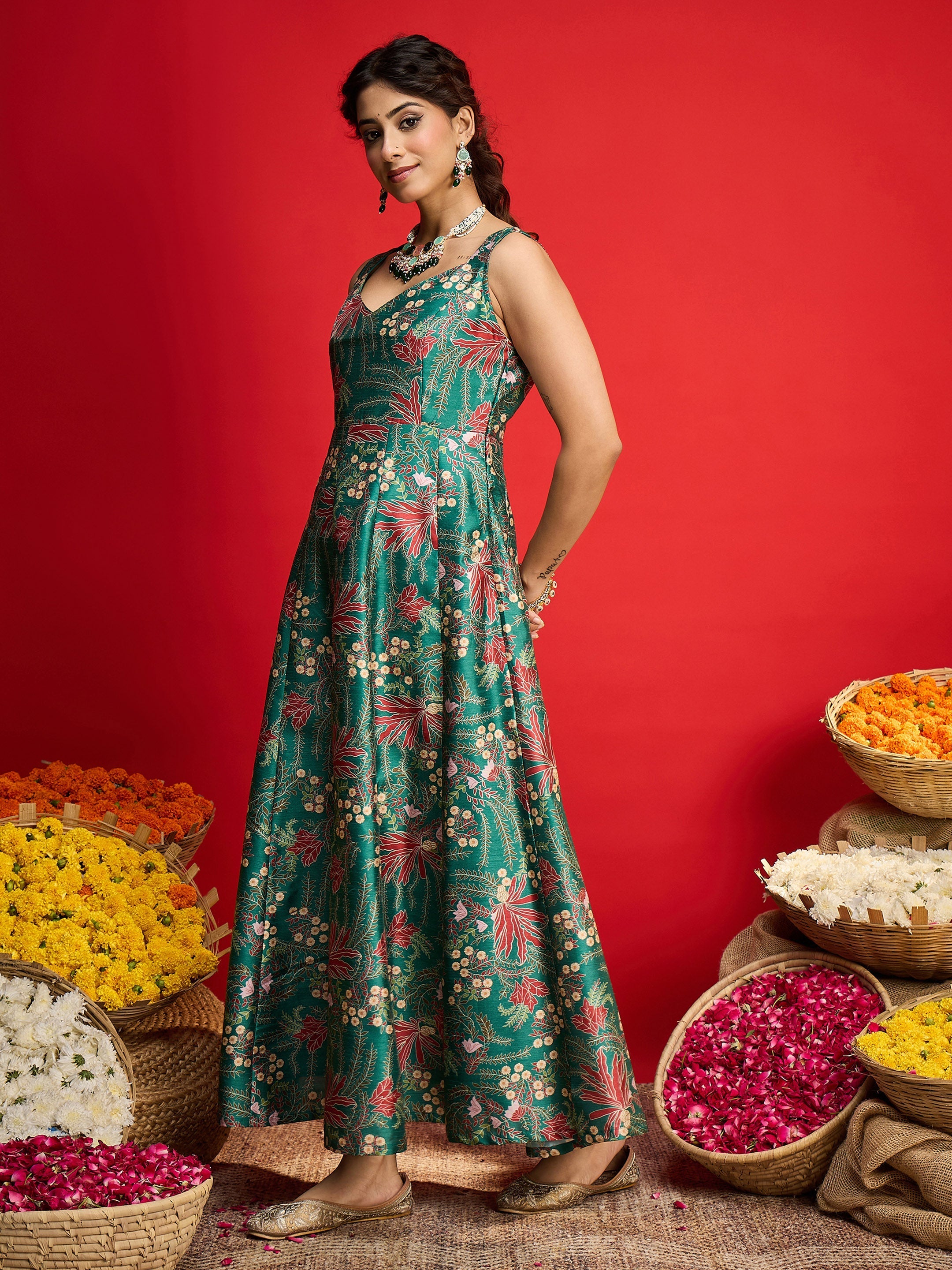 Women Green Floral Sleeveless Anarkali Maxi Dress-SHDRS13323
