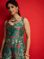 Women Green Floral Sleeveless Anarkali Maxi Dress-SHDRS13323
