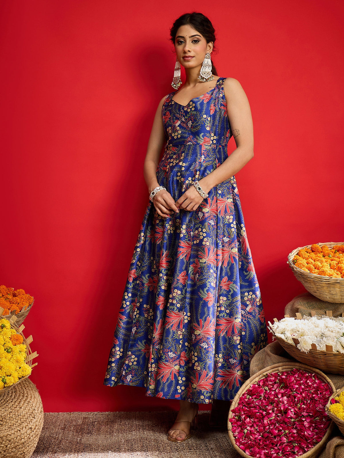 Women Navy Floral Sleeveless Anarkali Maxi Dress-SHDRS13324