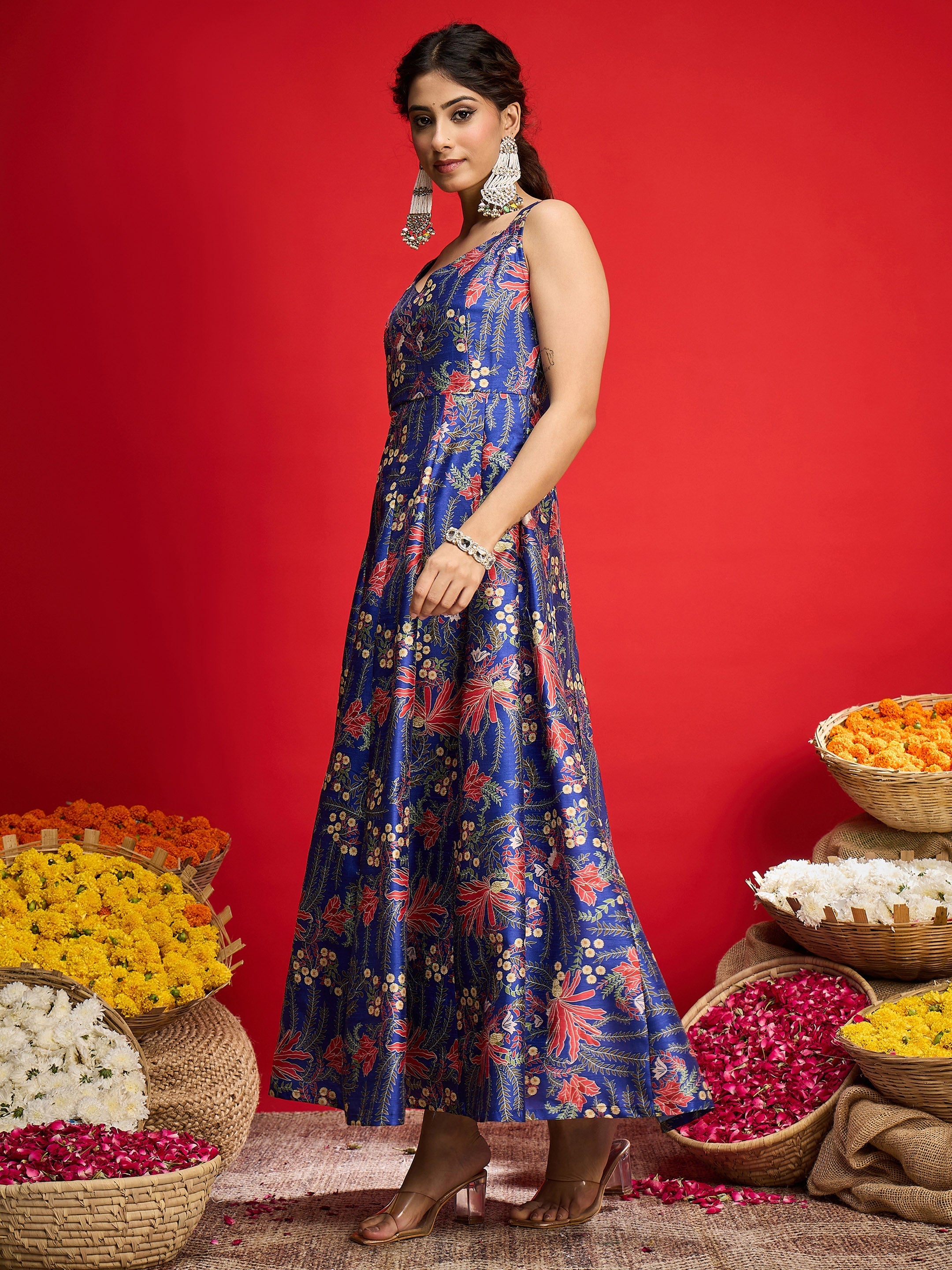 Women Navy Floral Sleeveless Anarkali Maxi Dress-SHDRS13324