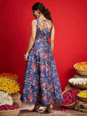 Women Navy Floral Sleeveless Anarkali Maxi Dress-SHDRS13324