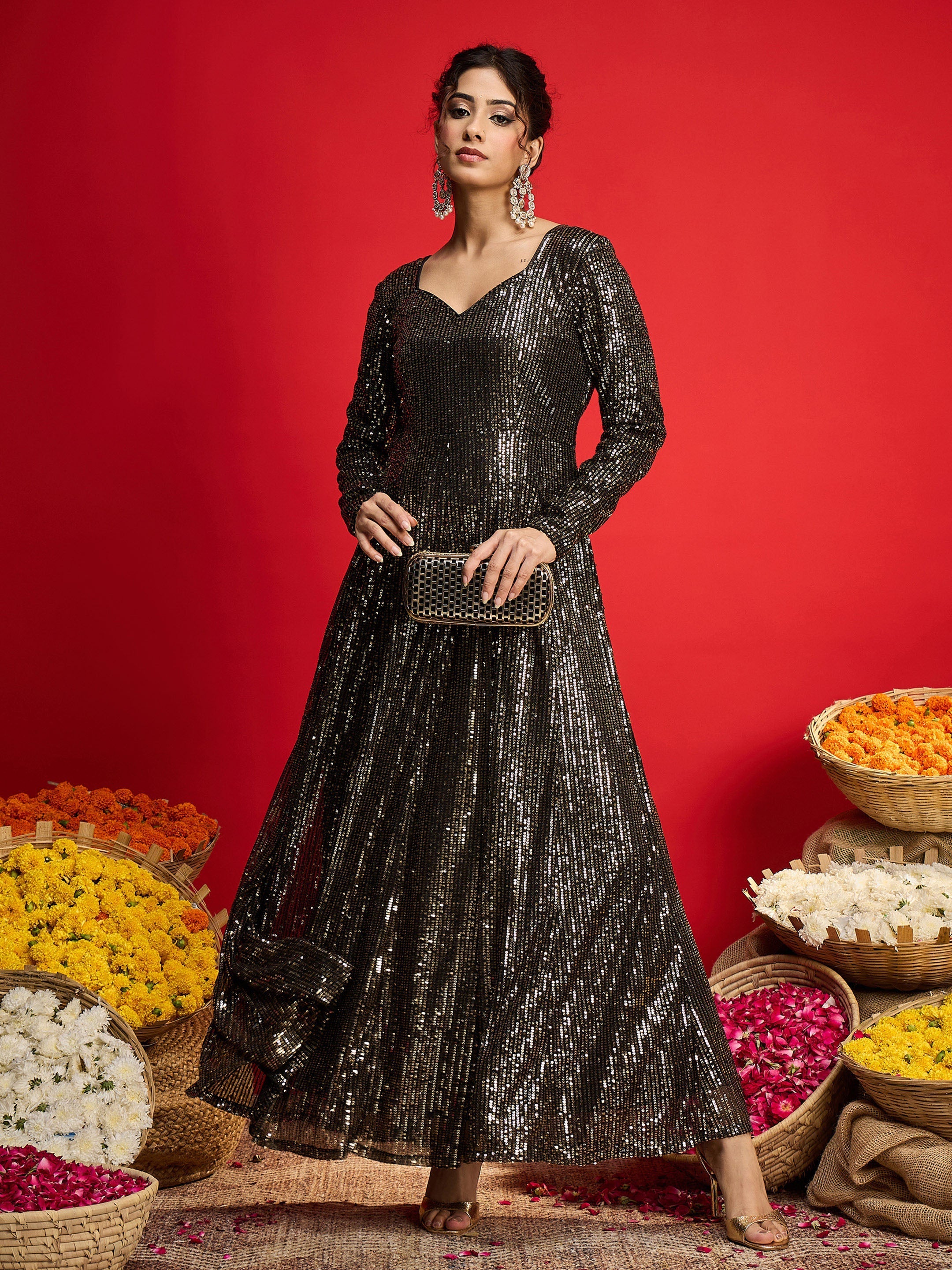 Women Black With Golden Sequins Sweetheart Neck Anarkali Dress-SHDRS13326