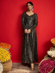 Women Black With Golden Sequins Sweetheart Neck Anarkali Dress-SHDRS13326