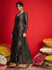 Women Black With Golden Sequins Sweetheart Neck Anarkali Dress-SHDRS13326