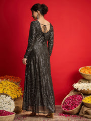 Women Black With Golden Sequins Sweetheart Neck Anarkali Dress-SHDRS13326