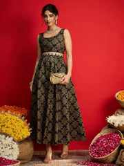 Women Black Jacquard Floral Self-Belt Anarkali Dress-SHDRS13327