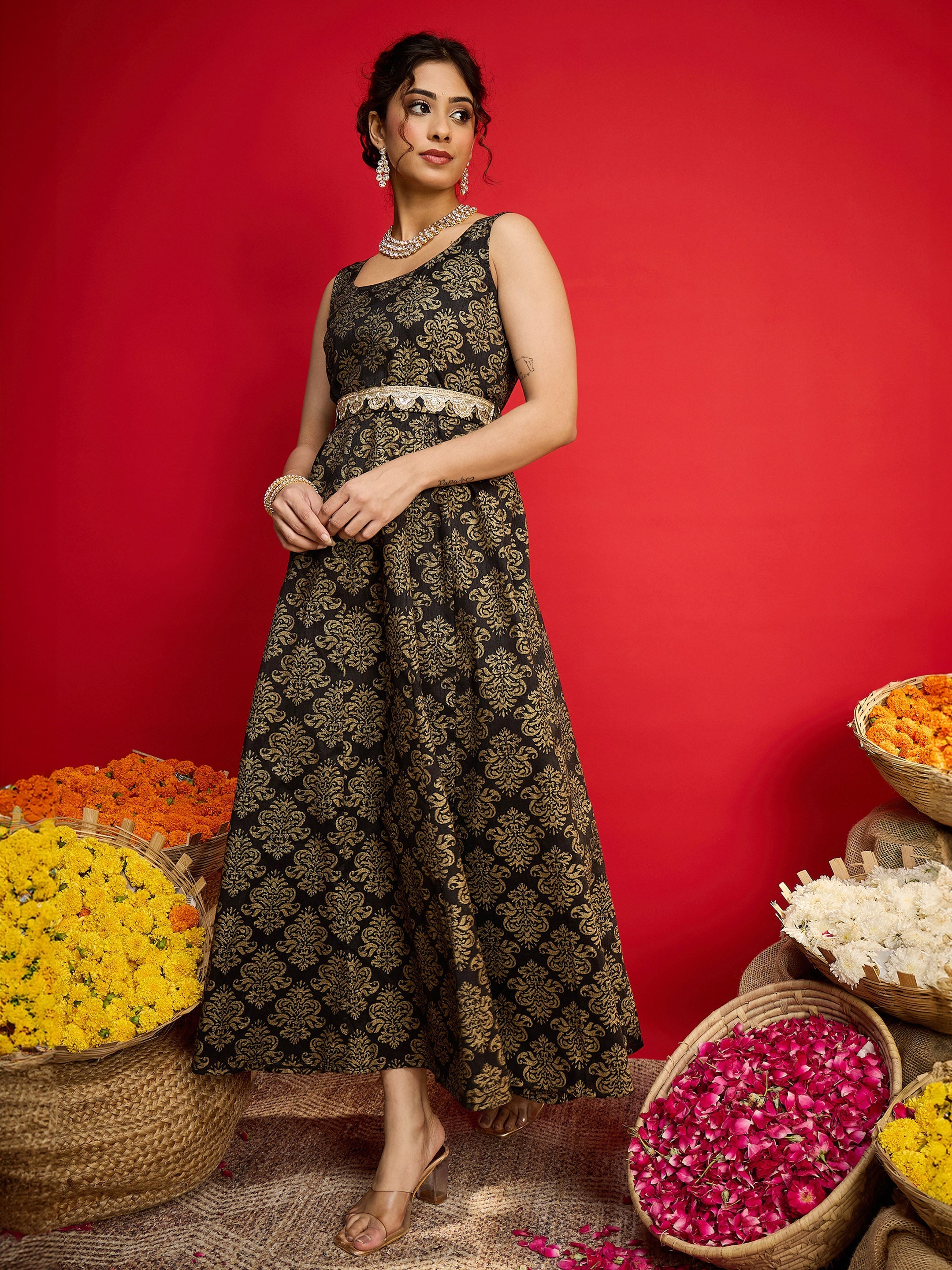 Women Black Jacquard Floral Self-Belt Anarkali Dress-SHDRS13327