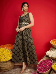 Women Black Jacquard Floral Self-Belt Anarkali Dress-SHDRS13327
