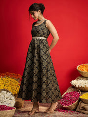 Women Black Jacquard Floral Self-Belt Anarkali Dress-SHDRS13327