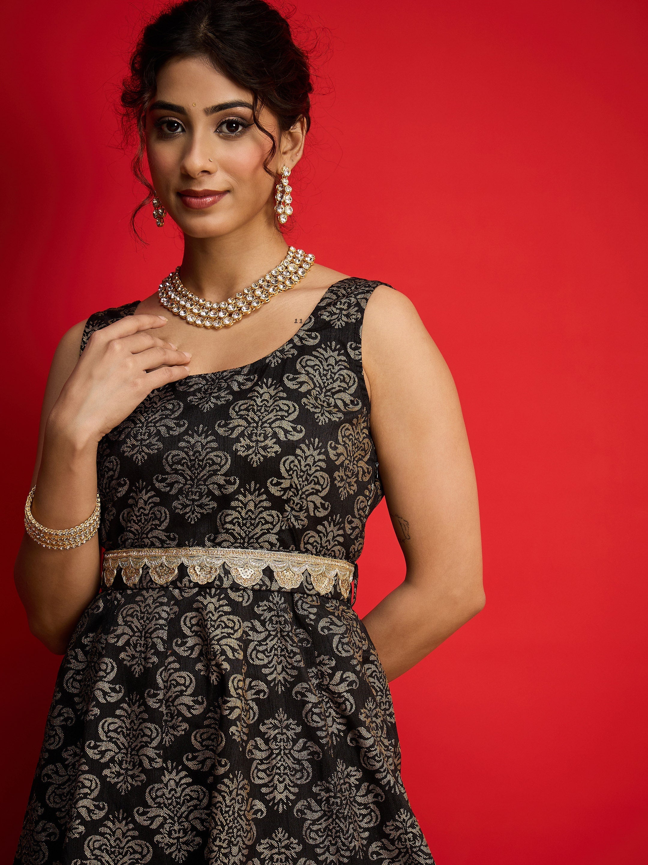Women Black Jacquard Floral Self-Belt Anarkali Dress-SHDRS13327