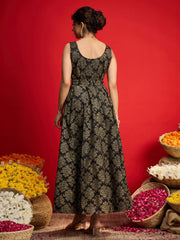 Women Black Jacquard Floral Self-Belt Anarkali Dress-SHDRS13327