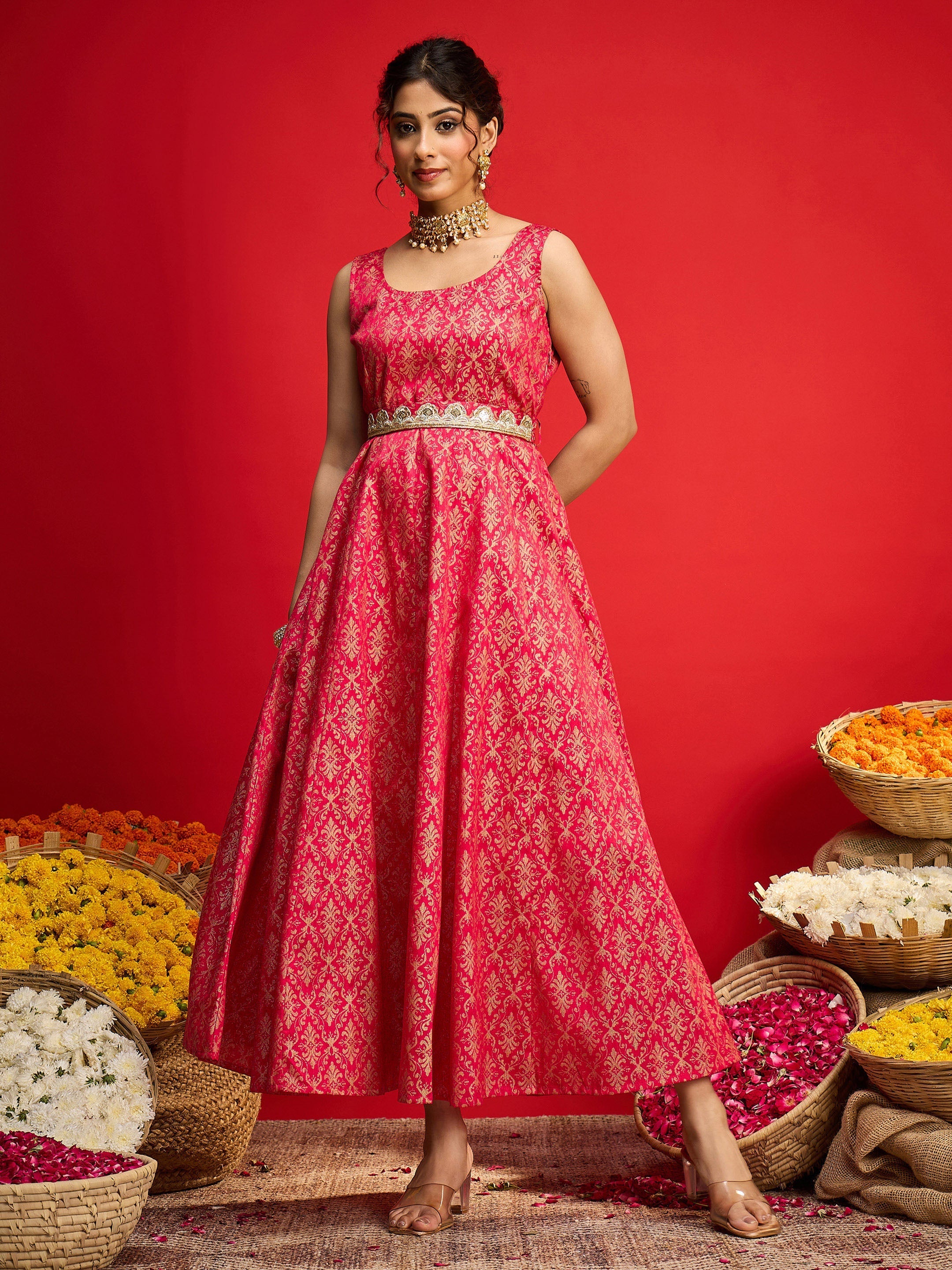 Women Fuchsia Jacquard Floral Self-Belt Anarkali Dress-SHDRS13328