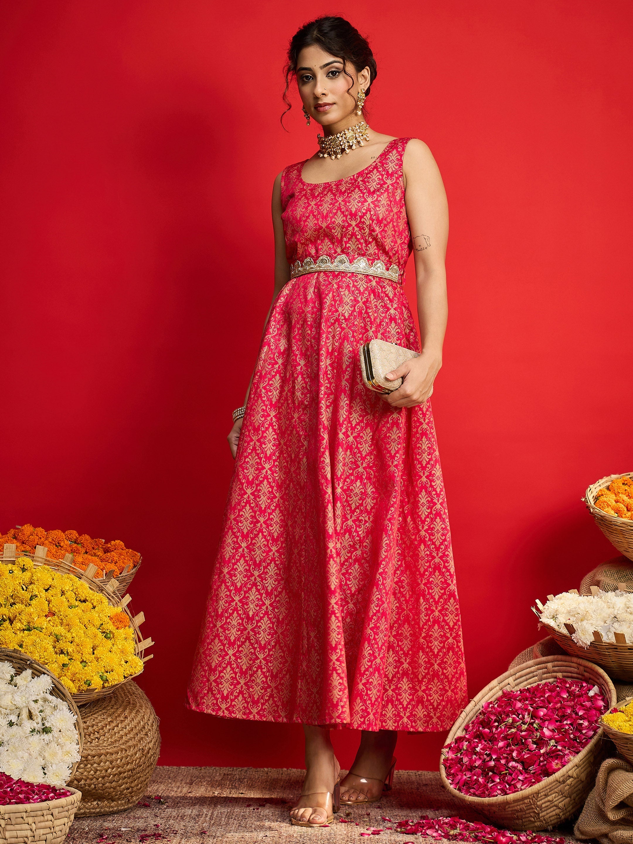 Women Fuchsia Jacquard Floral Self-Belt Anarkali Dress-SHDRS13328