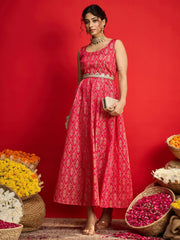 Women Fuchsia Jacquard Floral Self-Belt Anarkali Dress-SHDRS13328